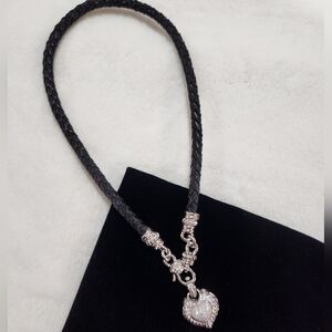 Judith Ripka Sterling Silver Diamonique Heart Pendant Braided Leather Necklace